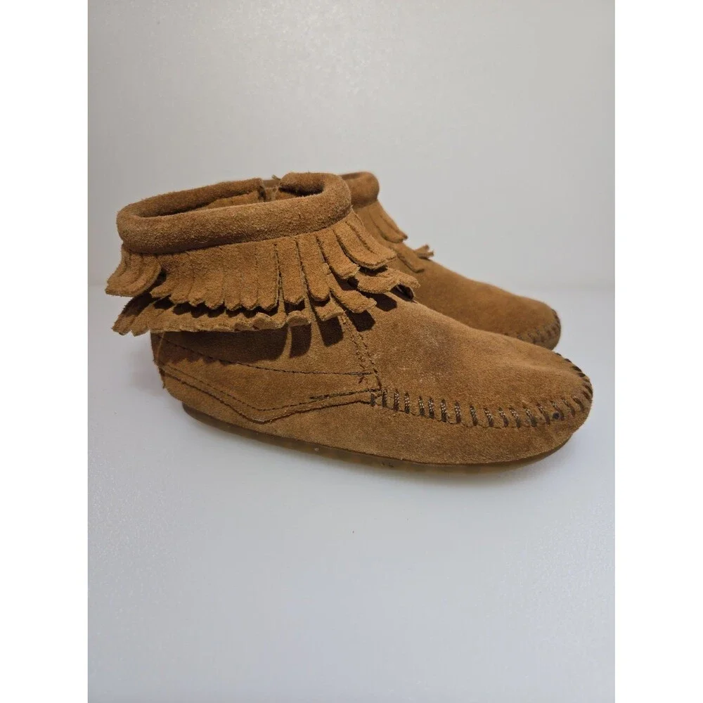 Minnetonka Kids Size 6 Double Fringe Moccasins Bootie Brown Leather Side Zipper
